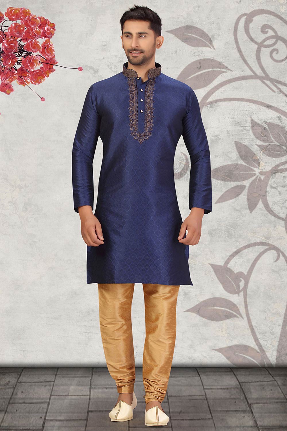 Buy Men's Jacquard Embroidered Kurta Set in Navy Blue Online