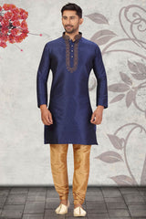 Buy Men's Jacquard Embroidered Kurta Set in Navy Blue Online