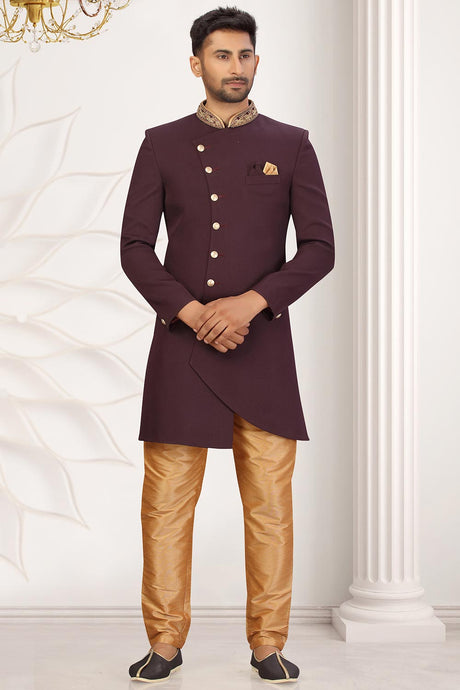 Buy Men's Imported Suiting Fabric Solid Sherwani Set in Wine  Online