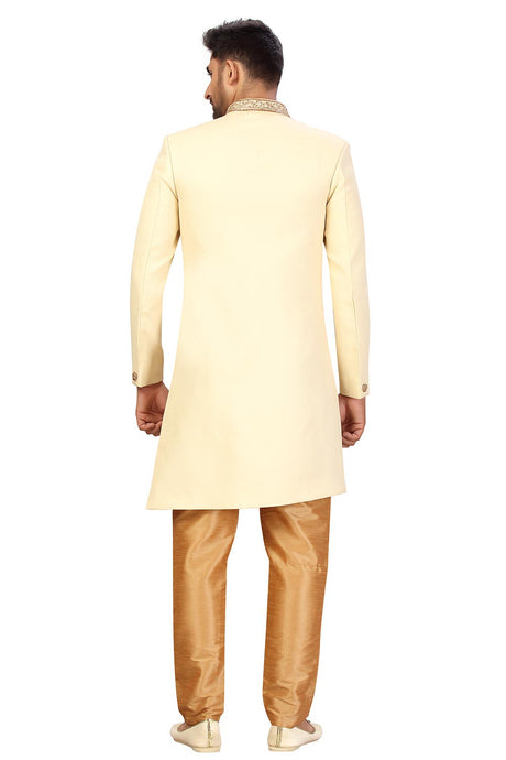 Buy Men's Imported Suiting Fabric Solid Sherwani Set in Cream Online - Back