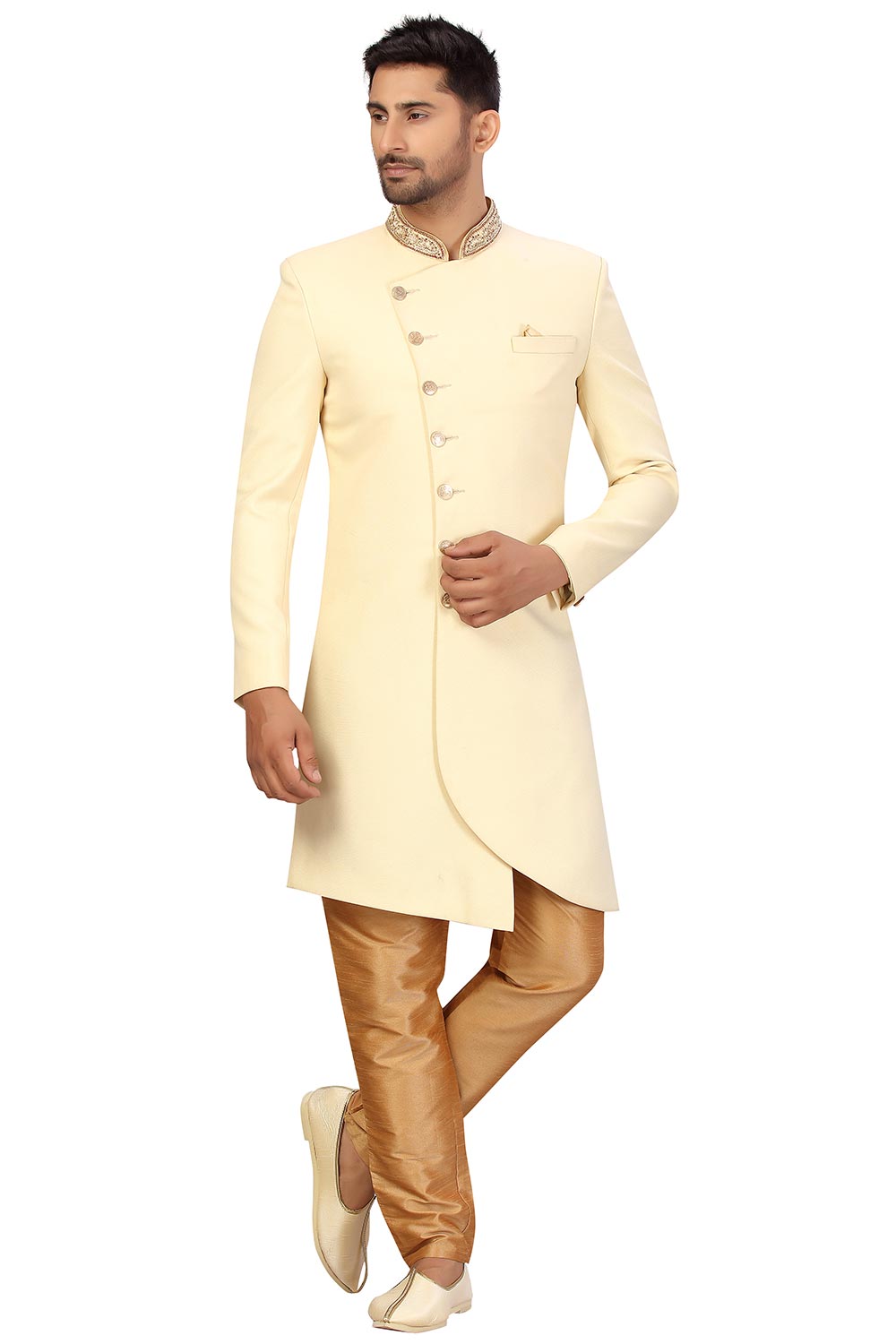 Buy Men's Imported Suiting Fabric Solid Sherwani Set in Cream Online - Front