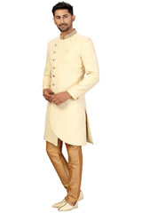 Buy Men's Imported Suiting Fabric Solid Sherwani Set in Cream Online - Side