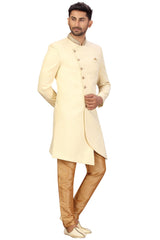 Buy Men's Imported Suiting Fabric Solid Sherwani Set in Cream Online - Zoom In