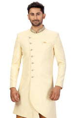 Buy Men's Imported Suiting Fabric Solid Sherwani Set in Cream Online - Zoom Out