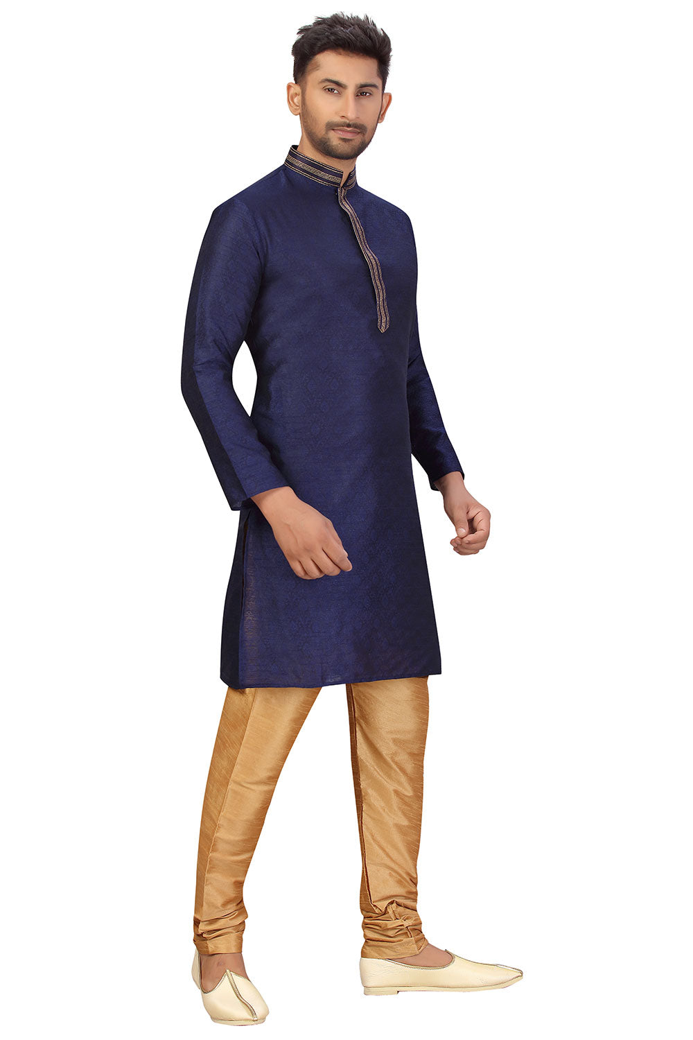 Buy Men's Jacquard Woven Kurta Set in Navy Blue Online - Zoom Out
