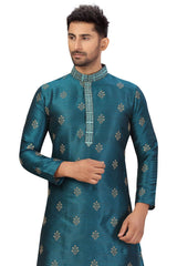 Buy Men's Art Silk Embroidered Kurta Set in Rama Green Online - Side