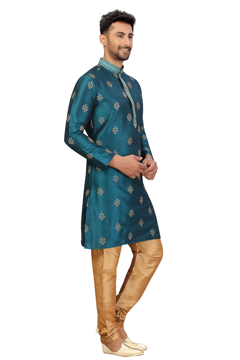 Buy Men's Art Silk Embroidered Kurta Set in Rama Green Online - Zoom Out