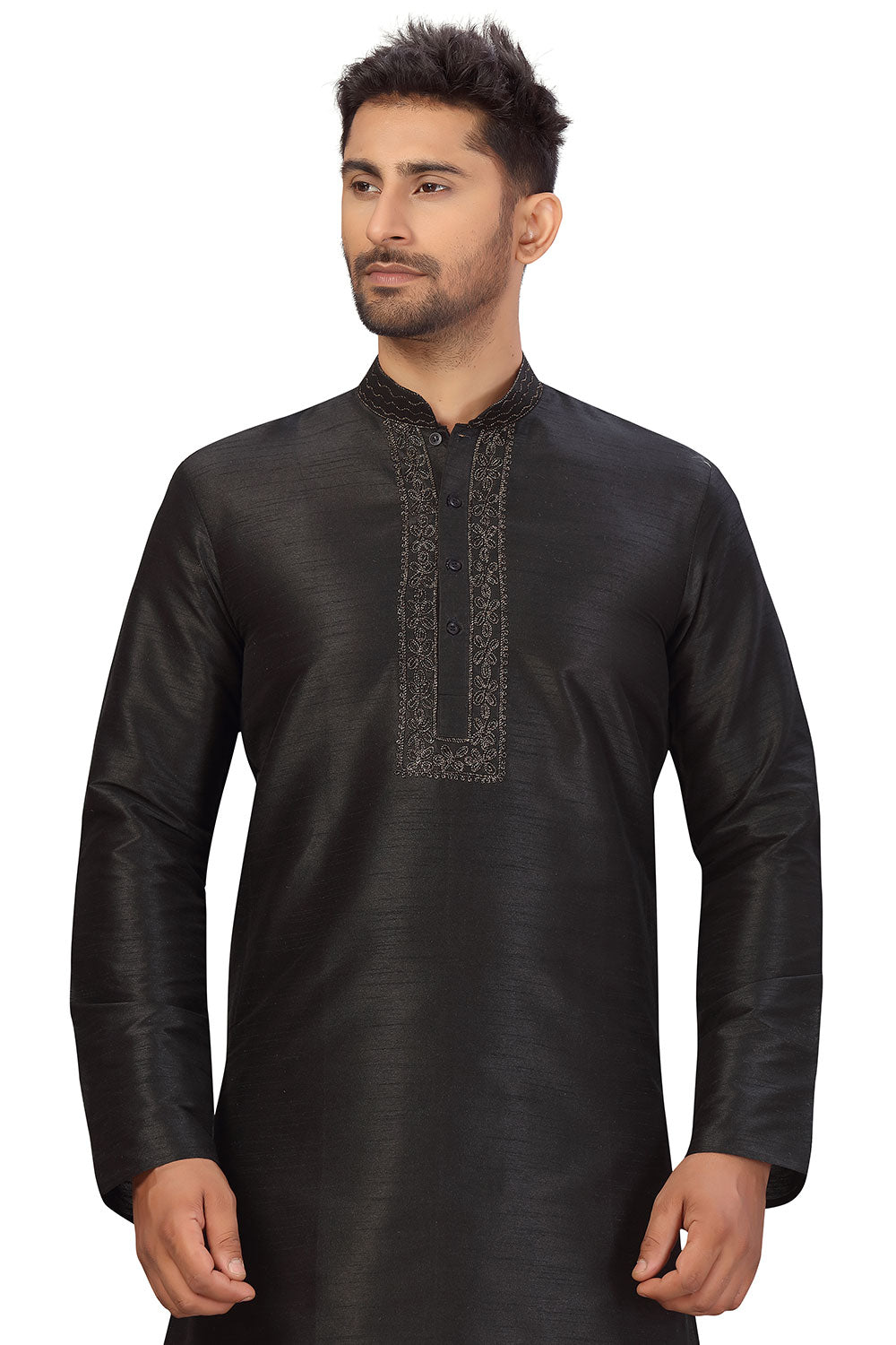 Buy Men's Art Silk Embroidered Kurta Set in Black Online - Side