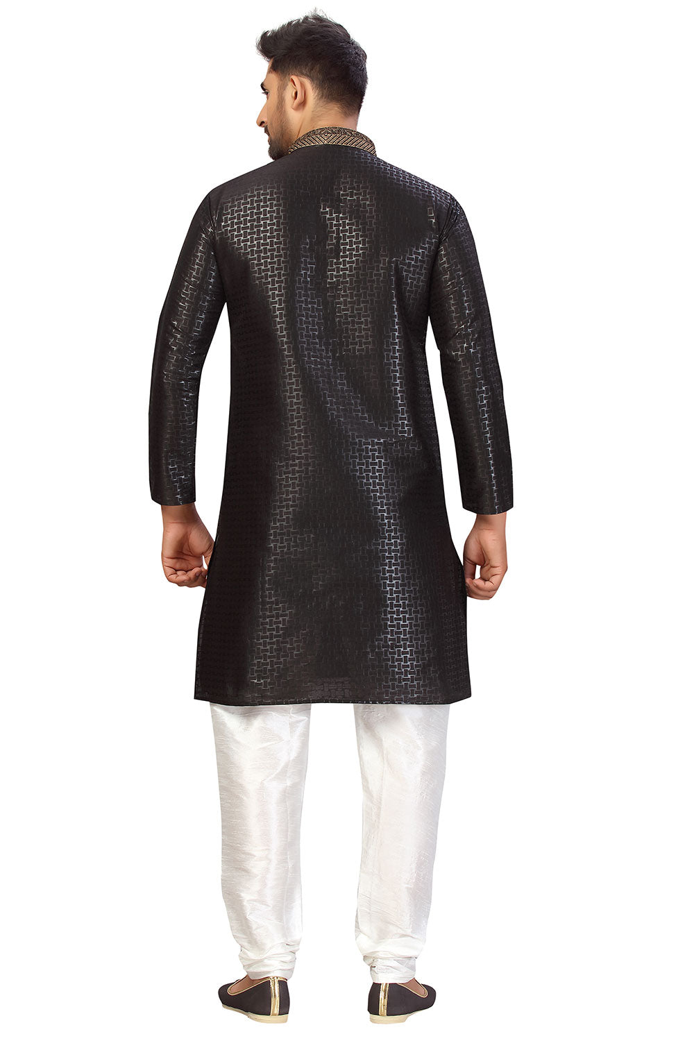 Buy Men's Art Silk Printed Kurta Set in black Online - Back