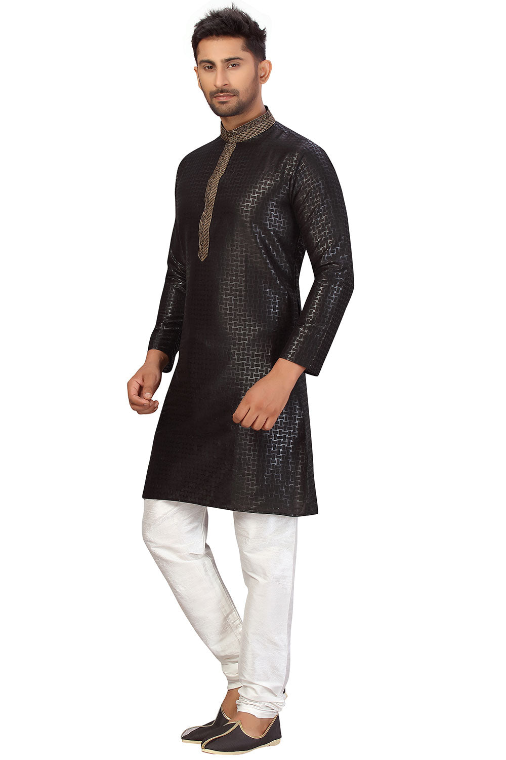 Buy Men's Art Silk Printed Kurta Set in black Online - Zoom In