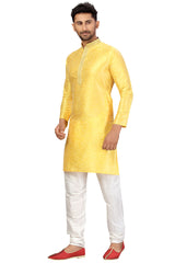 Buy Men's Art Silk Woven Kurta Set in Yellow Online - Zoom In