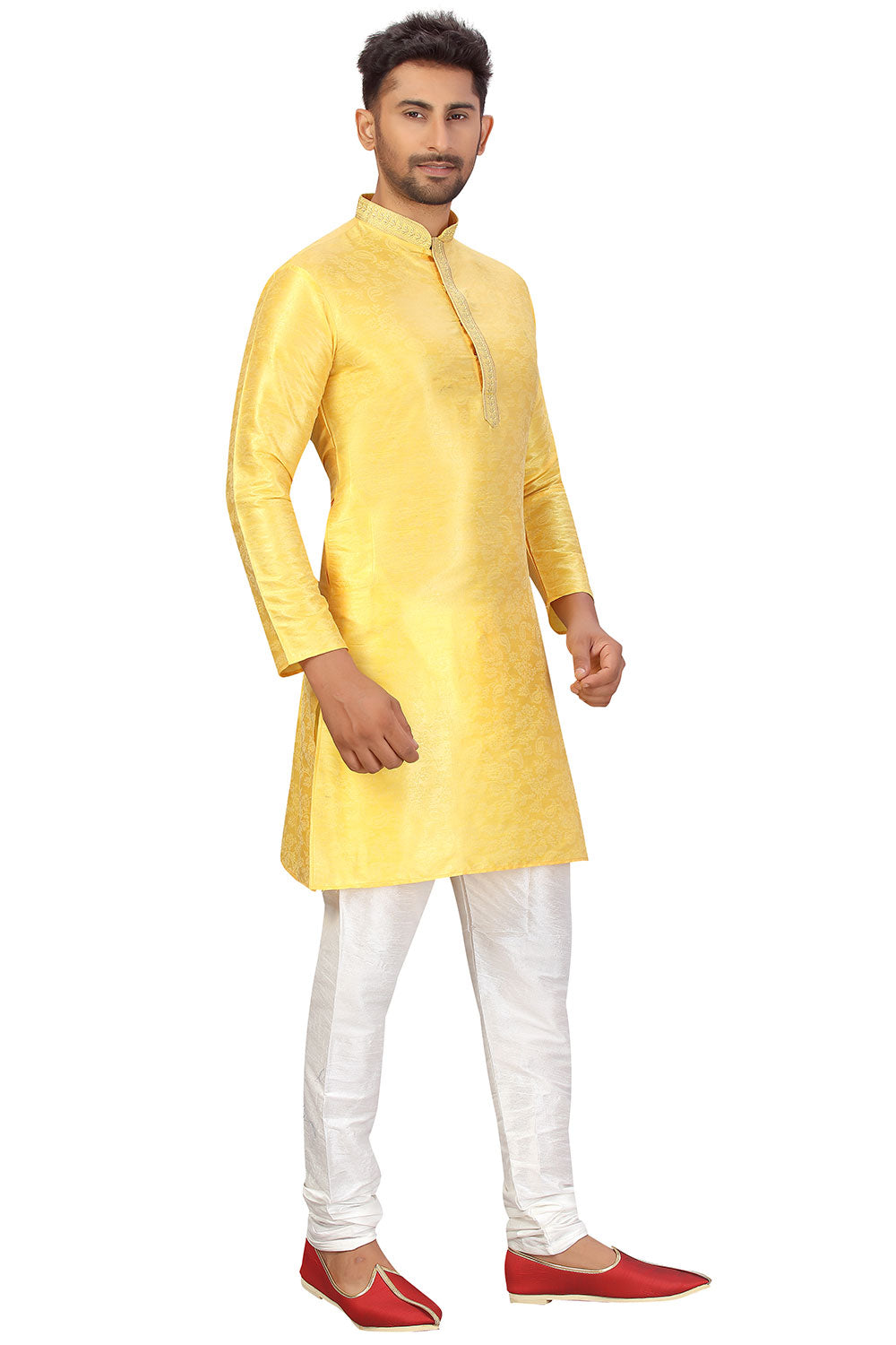 Buy Men's Art Silk Woven Kurta Set in Yellow Online - Zoom Out