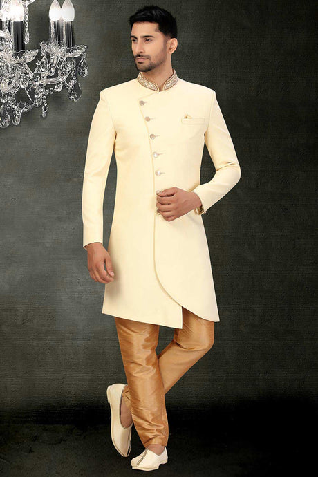 Buy Men's Imported Suiting Fabric Solid Sherwani Set in Cream Online