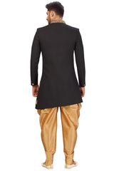 Buy Men's Imported Suiting Fabric Solid Sherwani Set in Black Online - Back