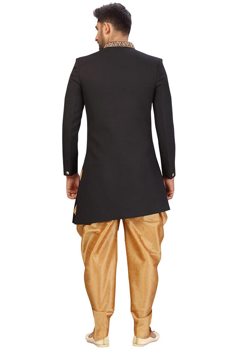 Buy Men's Imported Suiting Fabric Solid Sherwani Set in Black Online - Back