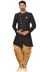 Buy Men's Imported Suiting Fabric Solid Sherwani Set in Black Online - Front