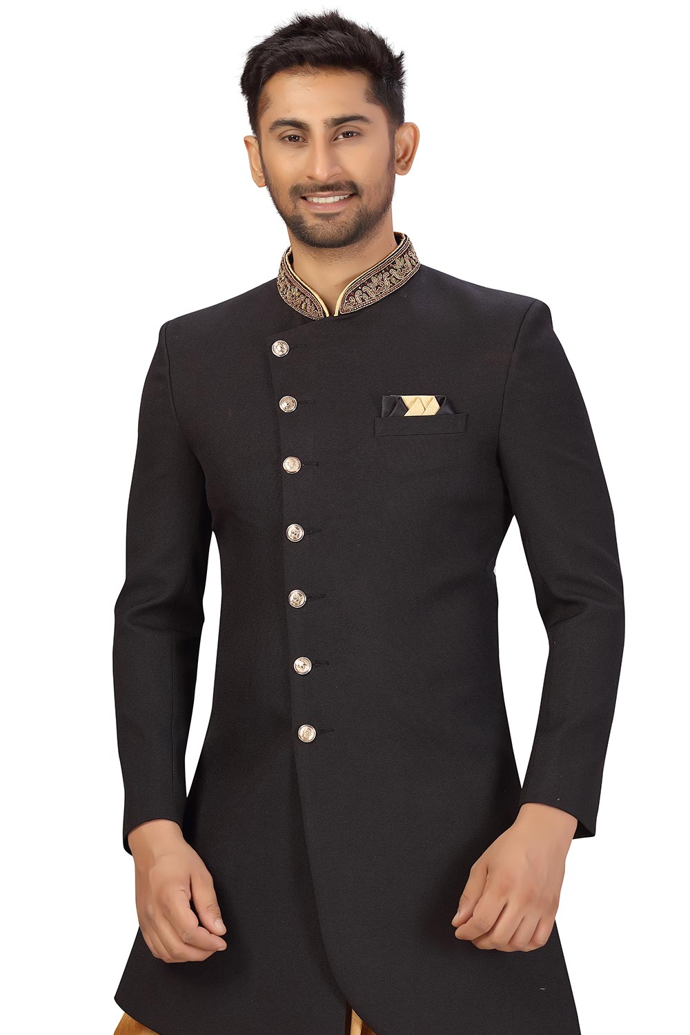 Buy Men's Imported Suiting Fabric Solid Sherwani Set in Black Online - Side