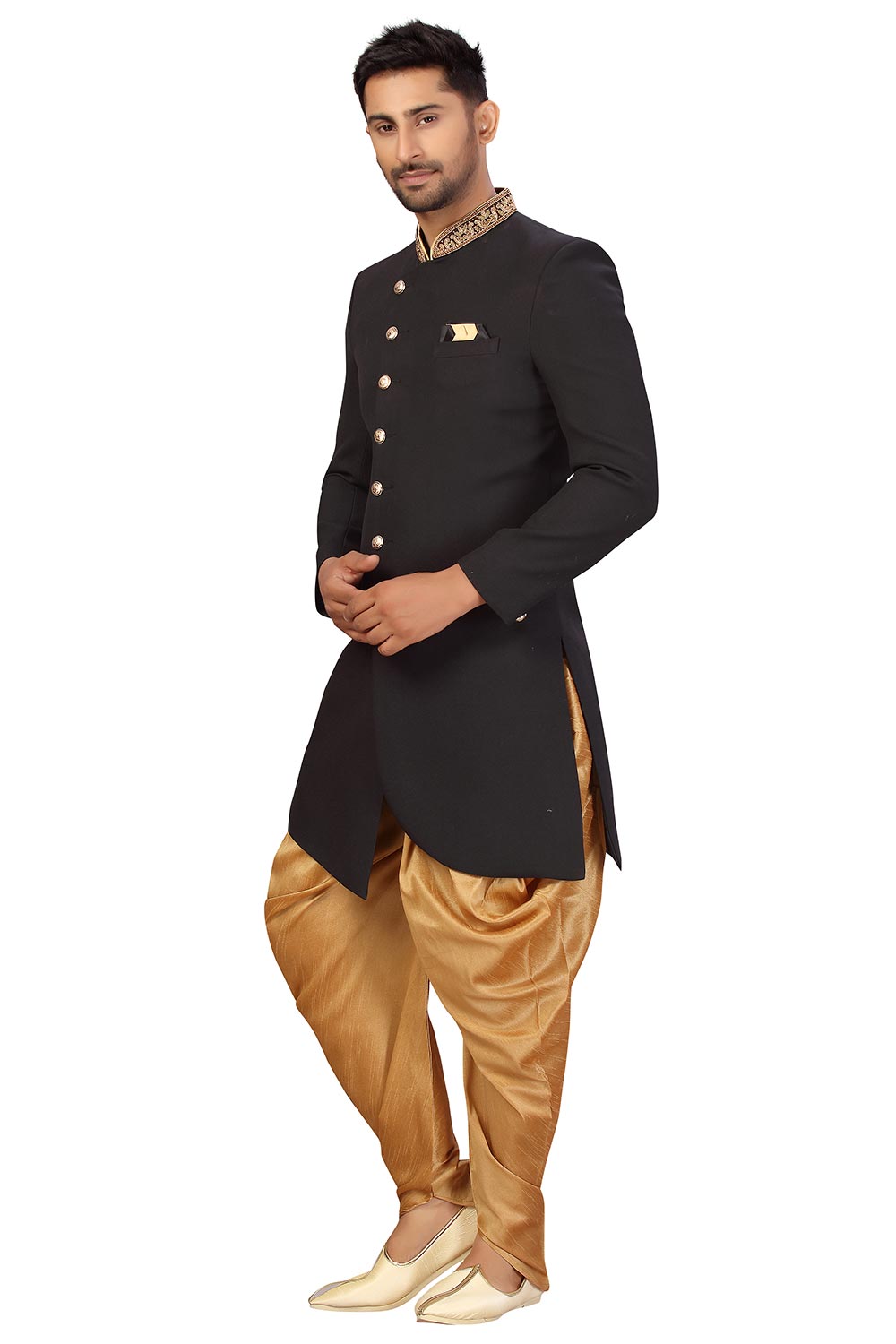 Buy Men's Imported Suiting Fabric Solid Sherwani Set in Black Online - Zoom In