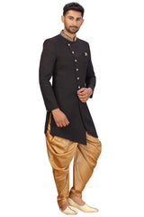 Buy Men's Imported Suiting Fabric Solid Sherwani Set in Black Online - Zoom Out