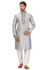 Buy Men's Art Silk Embroidered Kurta Set in Light grey Online - Side