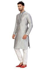 Buy Men's Art Silk Embroidered Kurta Set in Light grey Online - Zoom In