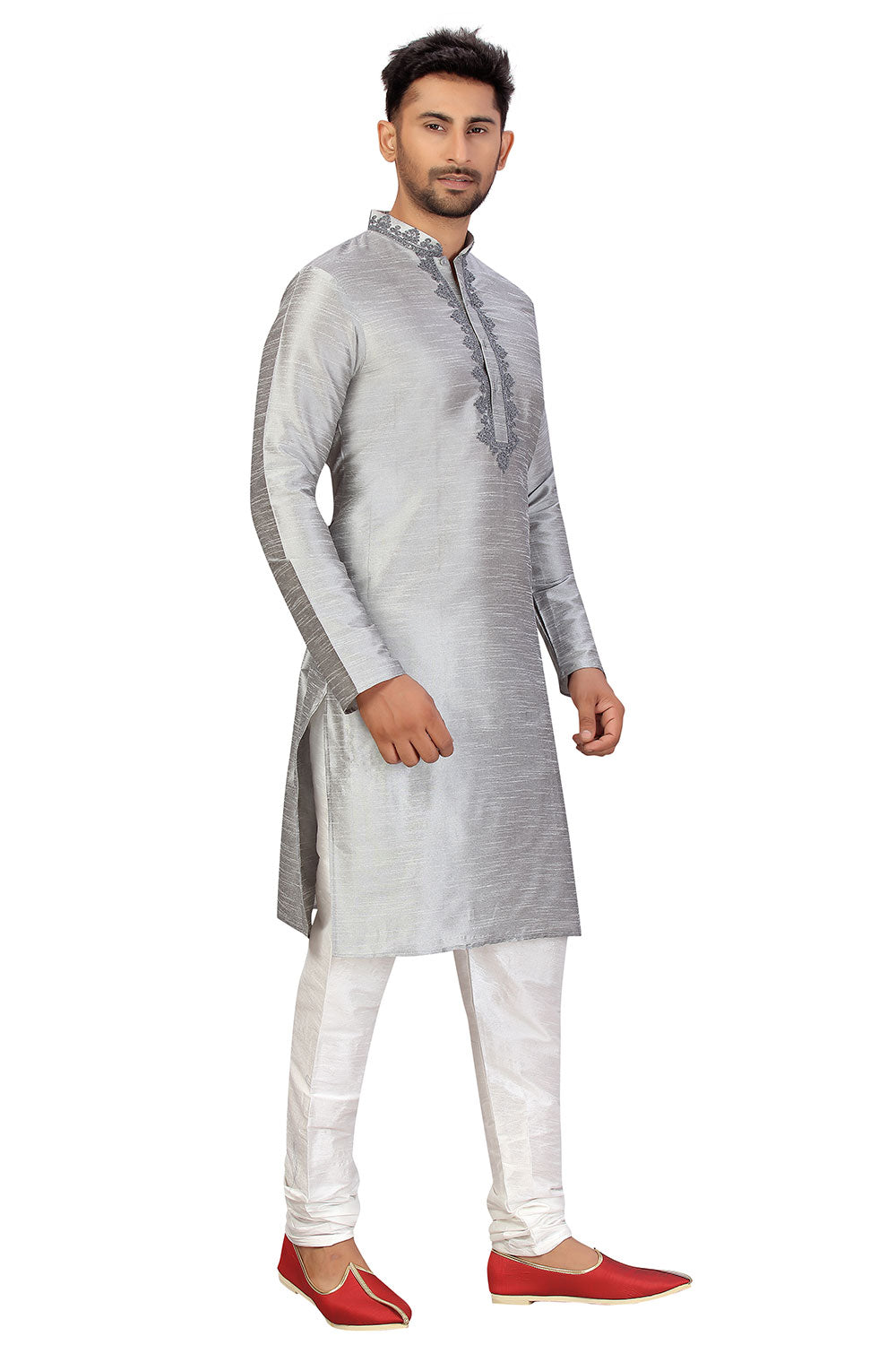 Buy Men's Art Silk Embroidered Kurta Set in Light grey Online - Zoom Out