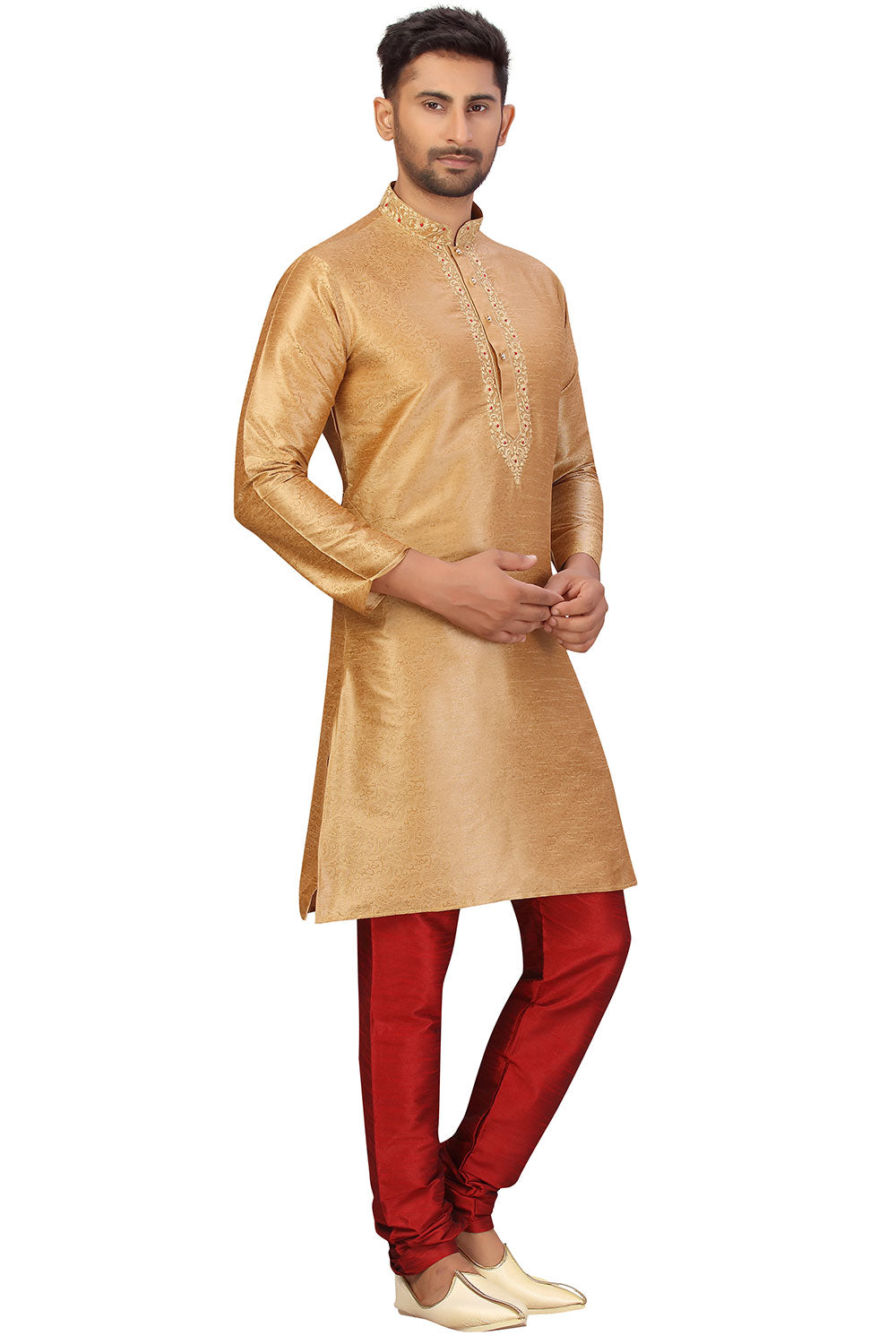 Buy Men's Art Silk Embroidered Kurta Set in Gold Online - Zoom Out