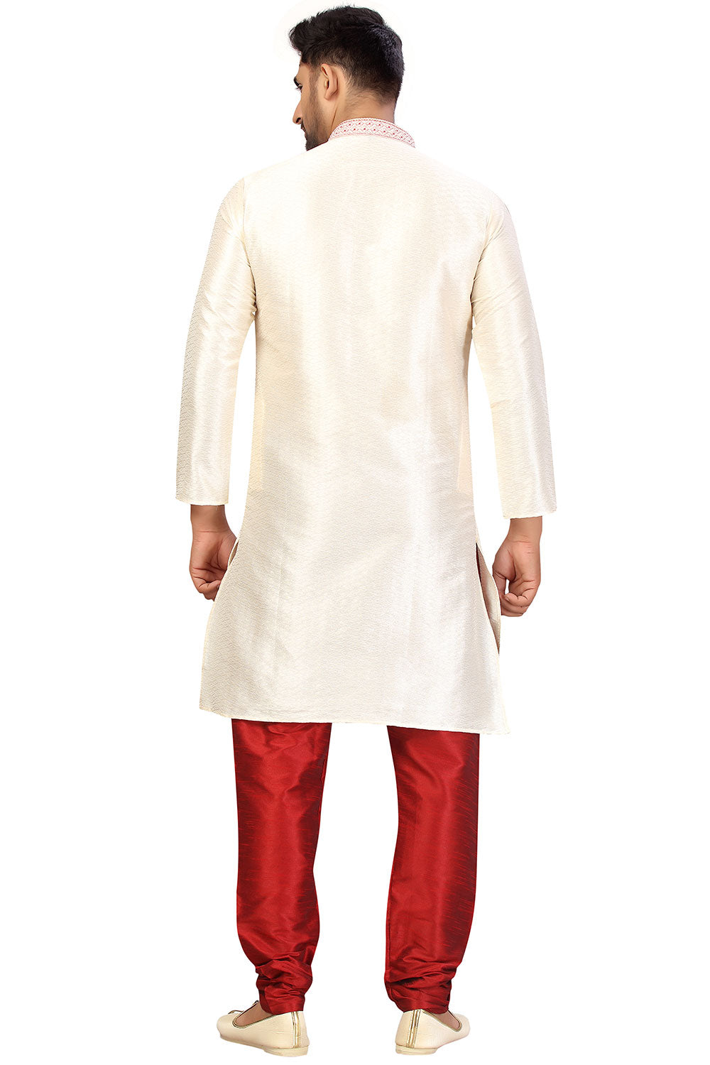 Buy Men's Jacquard Embroidered Kurta Set in cream Online - Back