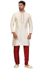 Buy Men's Jacquard Embroidered Kurta Set in cream Online - Front