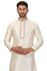 Buy Men's Jacquard Embroidered Kurta Set in cream Online - Side