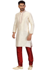 Buy Men's Jacquard Embroidered Kurta Set in cream Online - Zoom In