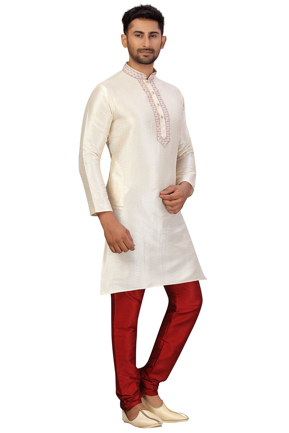 Buy Men's Jacquard Embroidered Kurta Set in cream Online - Zoom Out