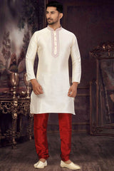 Buy Men's Jacquard Embroidered Kurta Set in cream Online