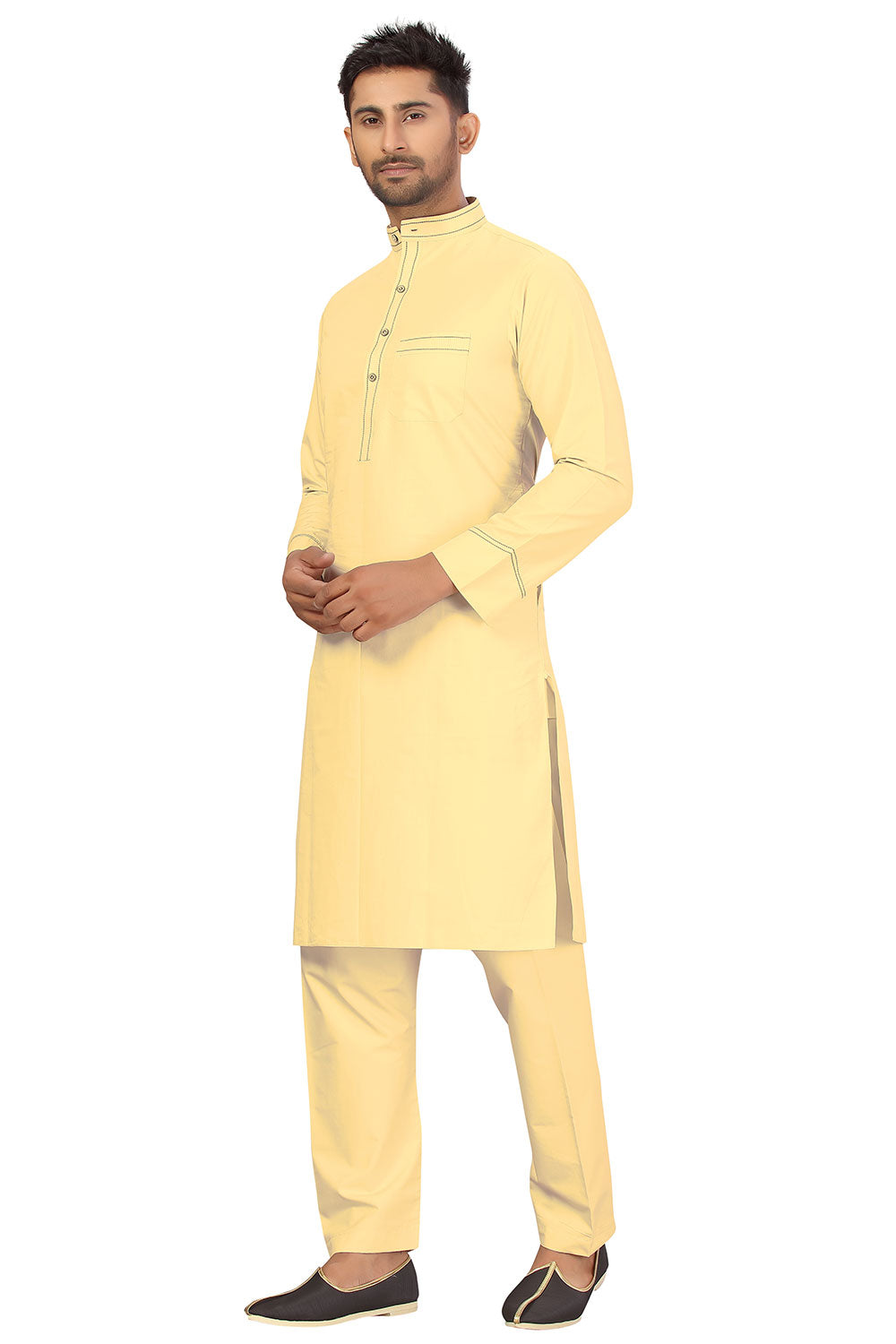 Buy Men's Blended Cotton Solid Pathani Set in Yellow Online