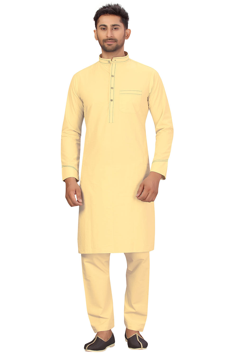 Buy Men's Blended Cotton Solid Pathani Set in Yellow Online - Back