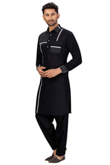 Buy Men's Blended Cotton Solid Pathani Set in Black Online