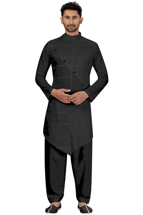 Buy Men's Blended Cotton Solid Pathani Set in Black Online - Back