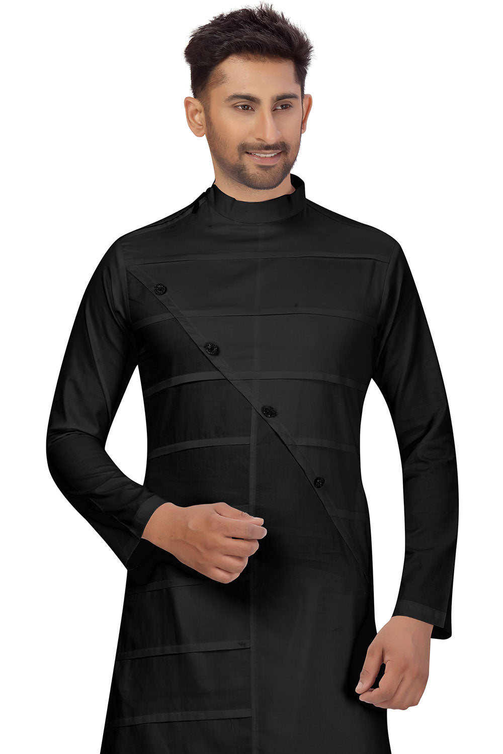 Buy Men's Blended Cotton Solid Pathani Set in Black Online - Front