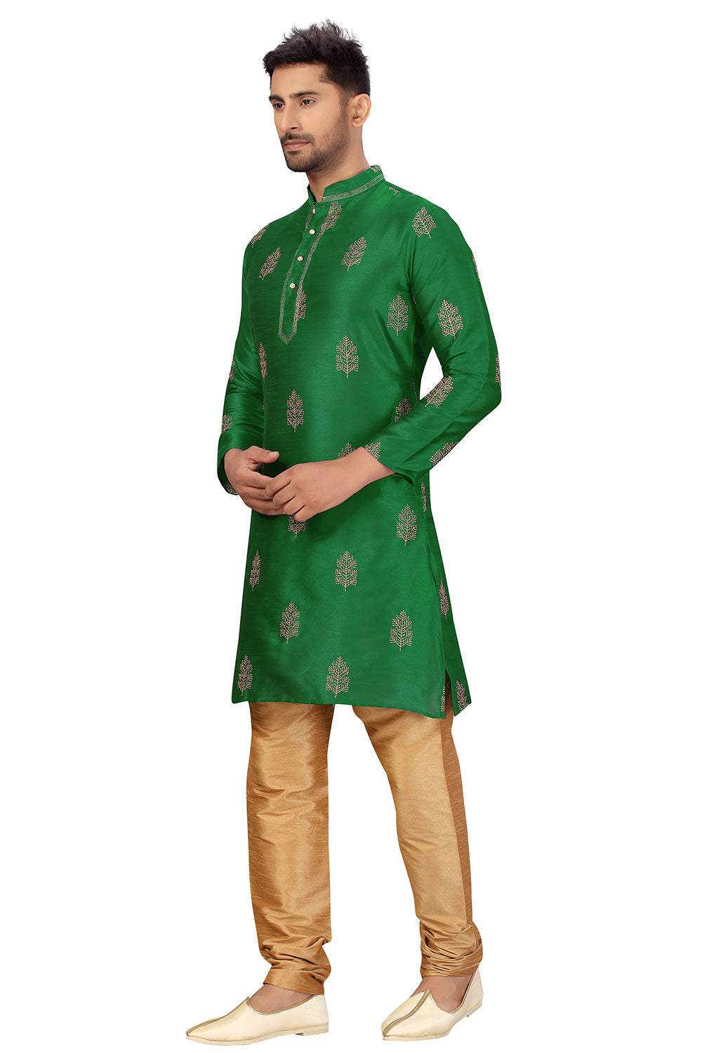 Buy Men's Art Silk Embroidered Kurta Set in Green Online