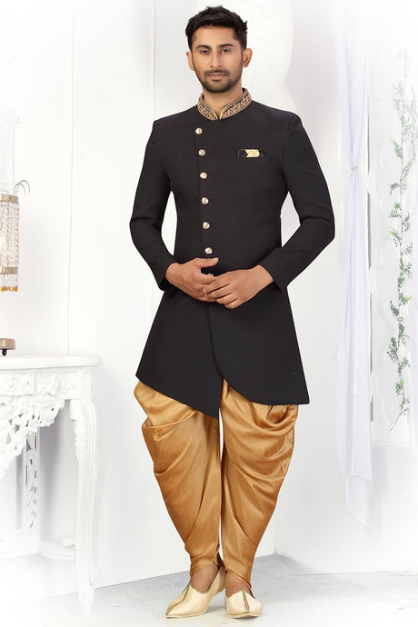 Buy Men's Imported Suiting Fabric Solid Sherwani Set in Black Online