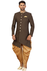 Buy Men's Imported Suiting Fabric Solid Sherwani Set in Mehndi Green Online - Front