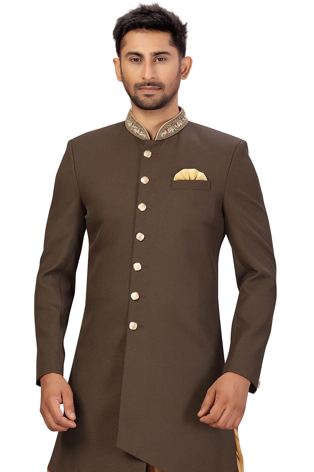 Buy Men's Imported Suiting Fabric Solid Sherwani Set in Mehndi Green Online - Side