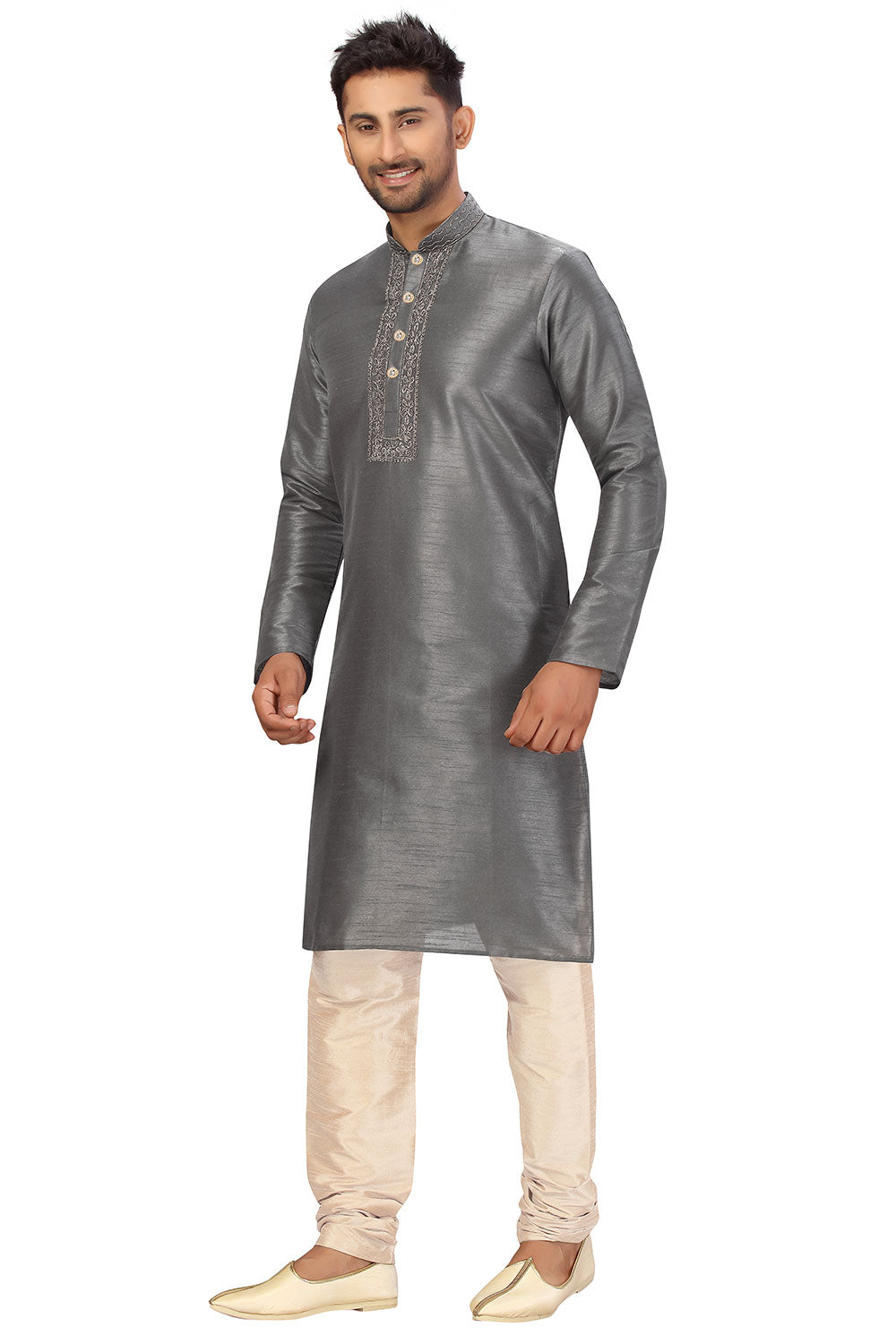 Buy Men's Art Silk Embroidered Kurta Set in Grey Online