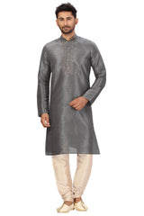 Buy Men's Art Silk Embroidered Kurta Set in Grey Online - Back