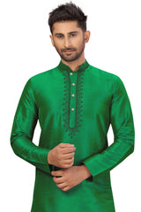 Buy Men's Art Silk Embroidered Kurta Set in Green Online - Front