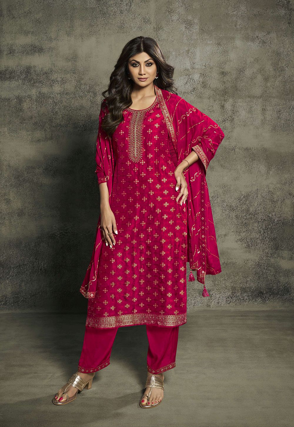 Dark-Pink Viscose Embroidered Salwar Kameez