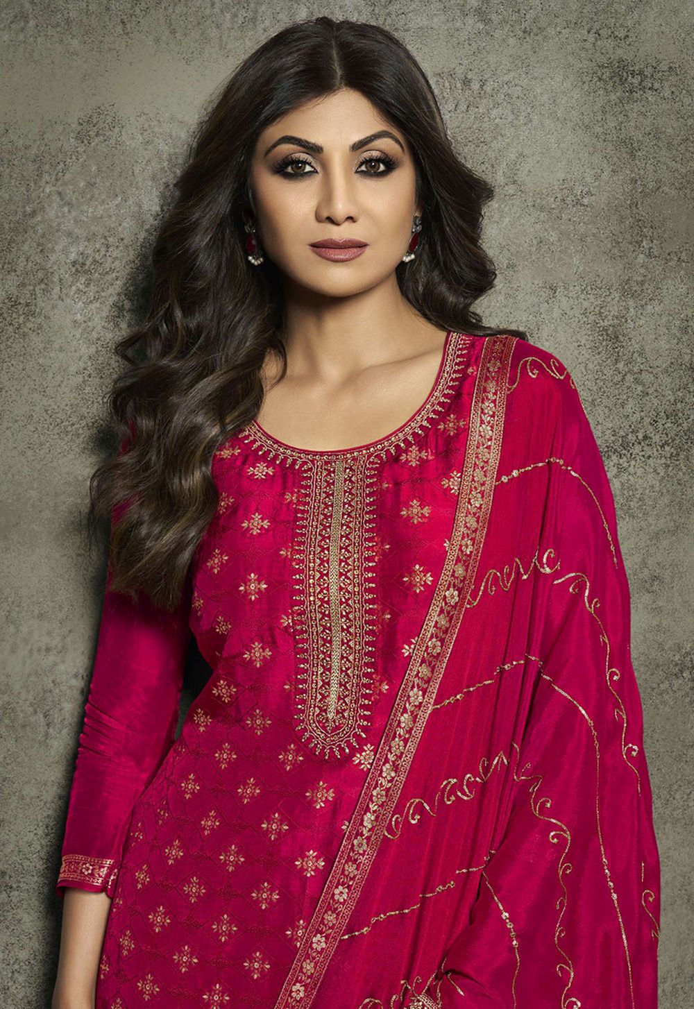 Dark-Pink Viscose Embroidered Salwar Kameez