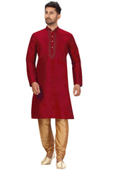 Buy Men's Art Silk Embroidered Kurta Set in Maroon Online - Back