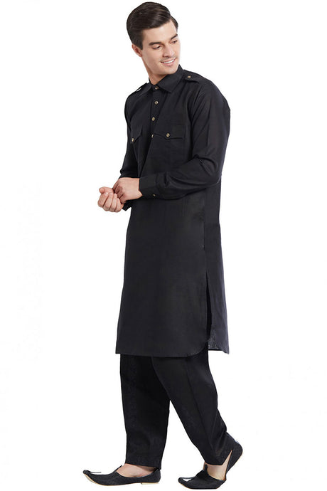 Buy Men's Cotton Linen Solid Pathani Set in Black Online