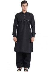 Buy Men's Cotton Linen Solid Pathani Set in Black Online - Back